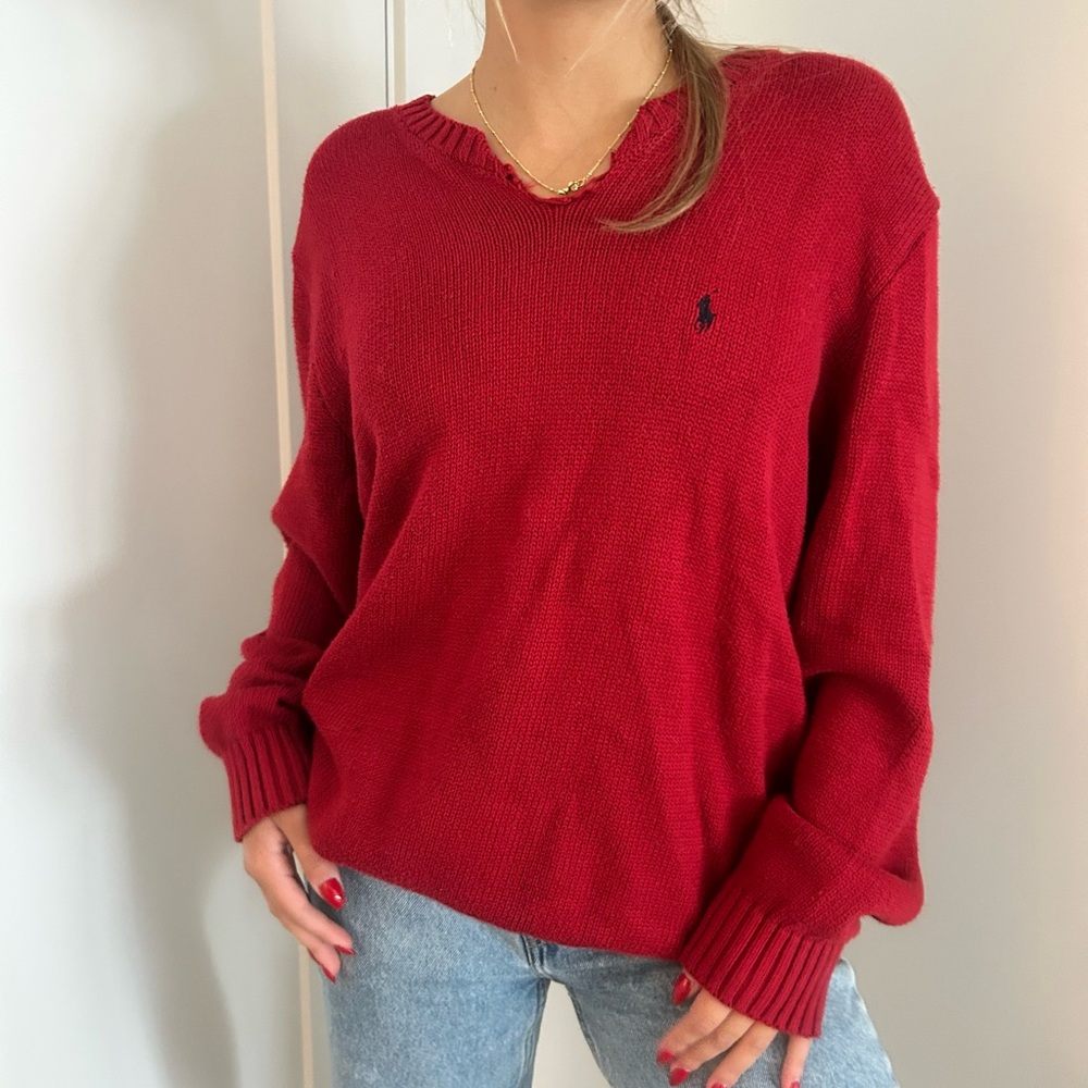 Ralph Lauren Red V-Neck Sweater Classic Knit